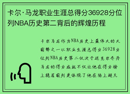 卡尔·马龙职业生涯总得分36928分位列NBA历史第二背后的辉煌历程