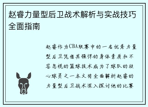 赵睿力量型后卫战术解析与实战技巧全面指南